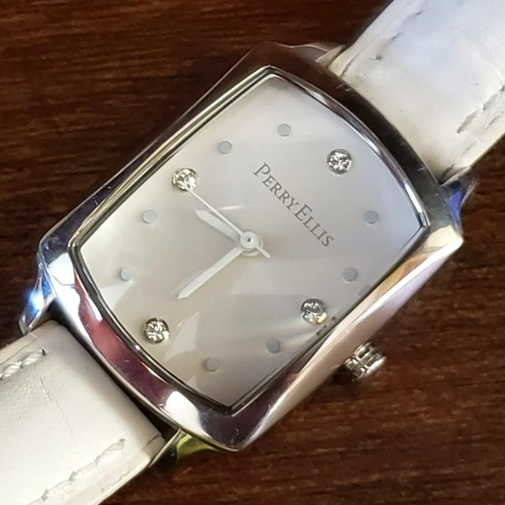 Perry Ellis White Leather Band Silver Rectangle Face Diamond Accent Wrist Watch